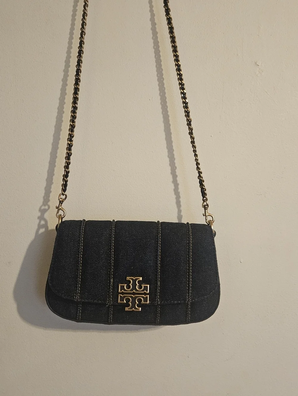 Tory Burch Britten Blue Denim Crossbody & Clutch Bag with Gold Hardware Elegant